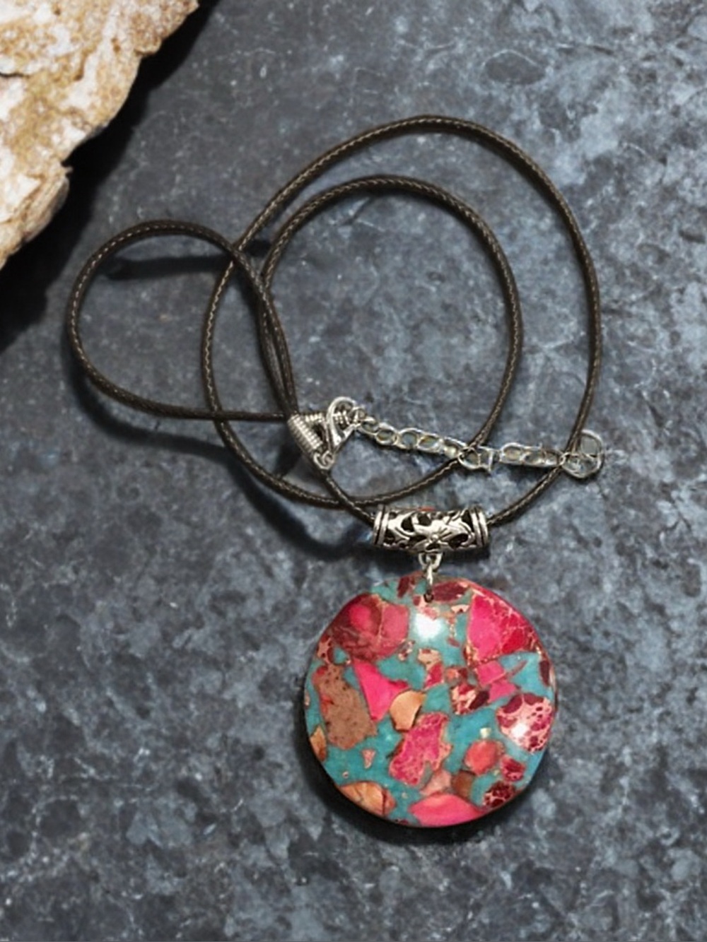 Blue Turquoise Agate Pyrite Pendant on Waxed Necklace w/ Lobster Claw Clasp